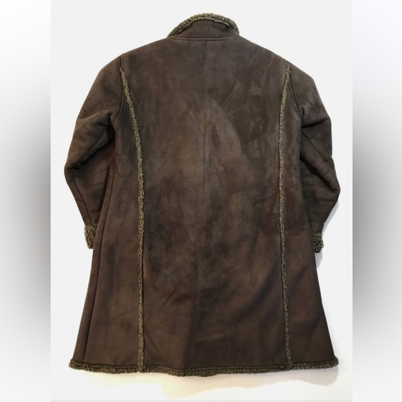 LL Bean Coat Womens Sm Brown 3 Button Faux Suede Sherpa Lined Long Jacket - Picture 3 of 4